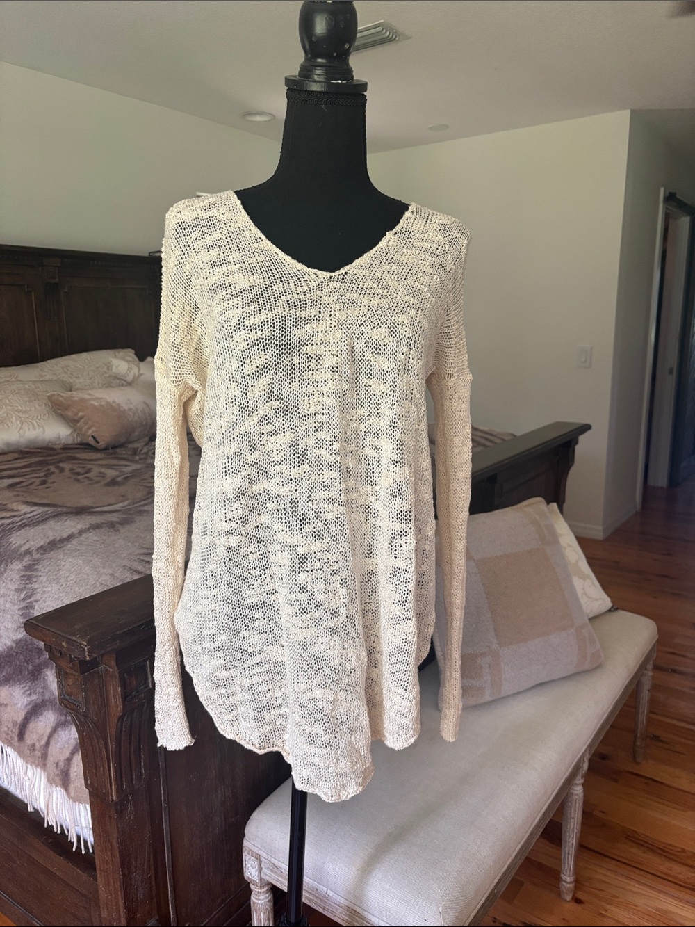 Helmut Lang Cream Open-Knit V-Neck Sweater